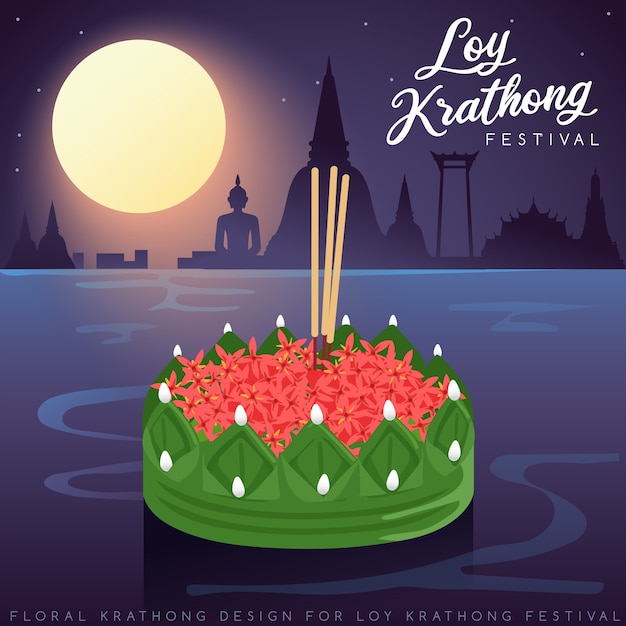 Loy Krathong, Thais traditioneel festival met volle maan, pagode en tempelachtergrond