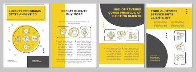 Vector loyaliteitsprogramma's statistieken analytics brochure sjabloon. flyer, boekje, folder afdrukken, omslagontwerp met lineaire pictogrammen. vectorlay-outs voor presentatie, jaarverslagen, advertentiepagina's