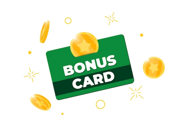 Loyalty program bonus green card. Purchase percent return customer service business sign. Earn points and gold coins cash back income symbol. Isolated vector eps illustration