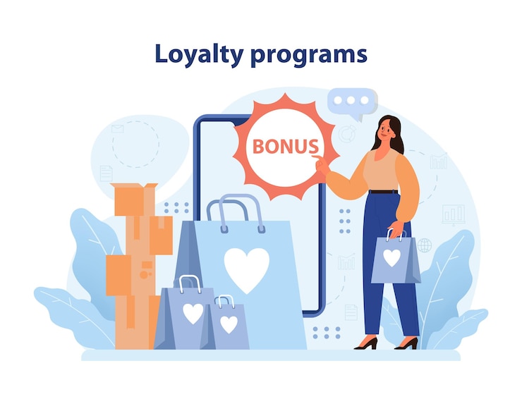 Vector loyalty program rewards confident shopper points to a bonus tag surrounded by shopping bags and