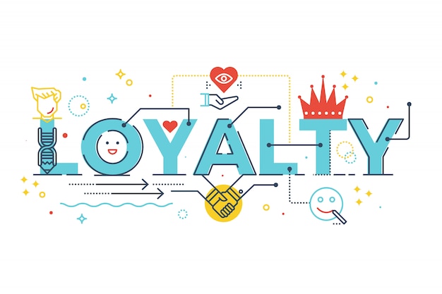 Loyalty word lettering typography design illustration with line icons and ornaments in blu