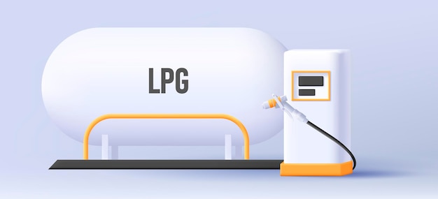 LPG-stationapparatuur 3d illustratie met gasleiding en mondstuk en grote cilinder gevuld met