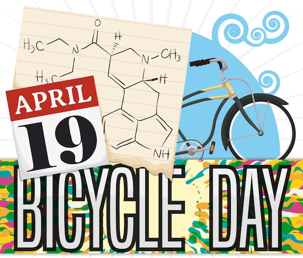 LSD formule in oude pagina kalender en vintage fiets voor Bicycle Day herdenking op 19 april