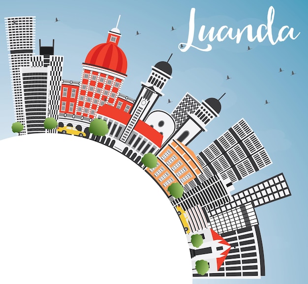 Luanda Skyline met grijze gebouwen, blauwe lucht en kopie ruimte. Vectorillustratie. Zakelijk reizen en toerisme Concept met moderne architectuur. Afbeelding voor presentatiebanner plakkaat en website.