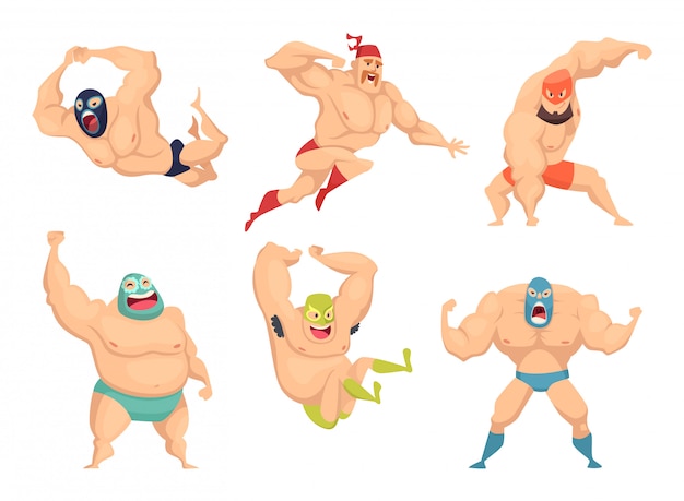 Vector lucha libre characters, mexican wrestler fighters in mask macho libros martial cartoon mascot