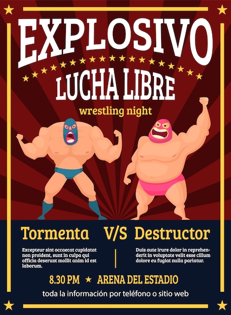 Vector lucha libre poster. retro placard announced fighting match of mexican wrestlers luchador  muscle characters