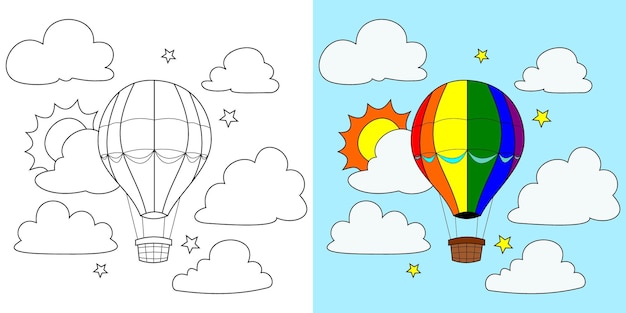 Luchtballon vector, zon, wolk, ster, kleurboek of pagina, vectorillustratie