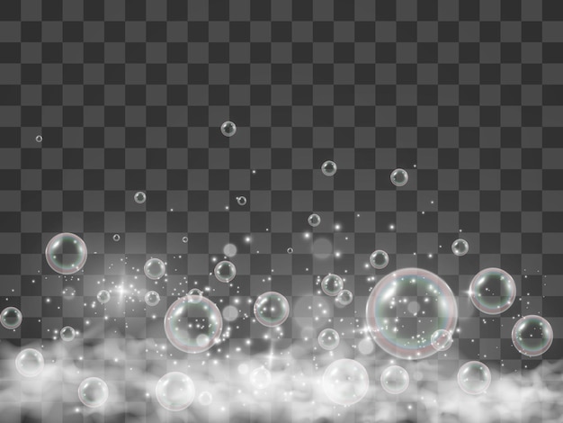Luchtbellen op een transparante achtergrond. Schuimillustratie met bollen.
