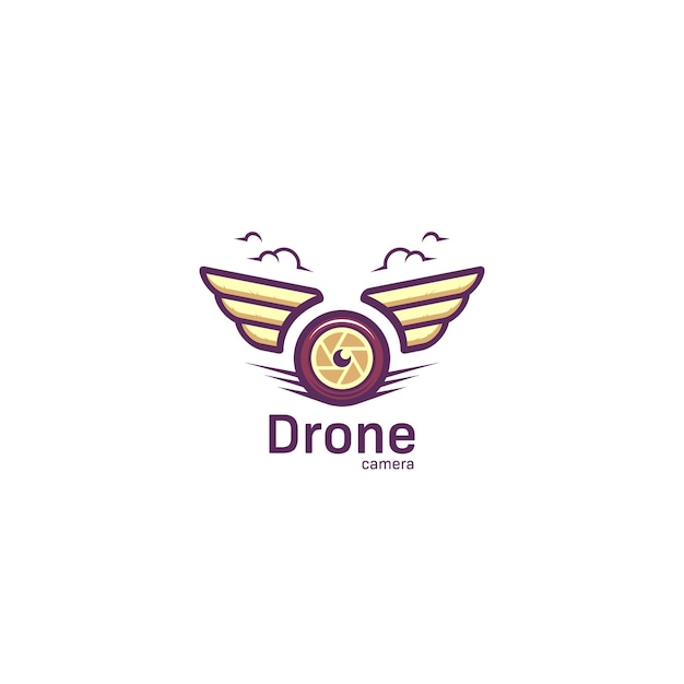 Luchtfotografie drone camera-logo met vleugel in cartoon vetgedrukte stijl