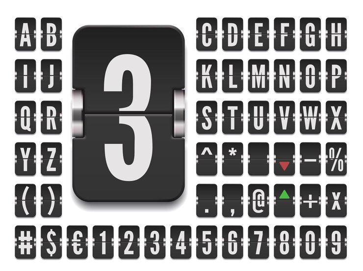 Luchthaven flip board mechanische abc voor beurskoersen met cijfers en symbolen Zwart terminal scorebord lettertype voor bestemming of financiële markten informatie vectorillustratie