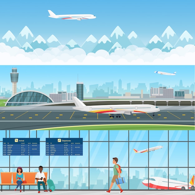Luchthaven gedetailleerde horizontale banners. wachtkamer in terminal met passagiers mensen. reisconcept vliegende vliegtuigen met bergen in wolken.