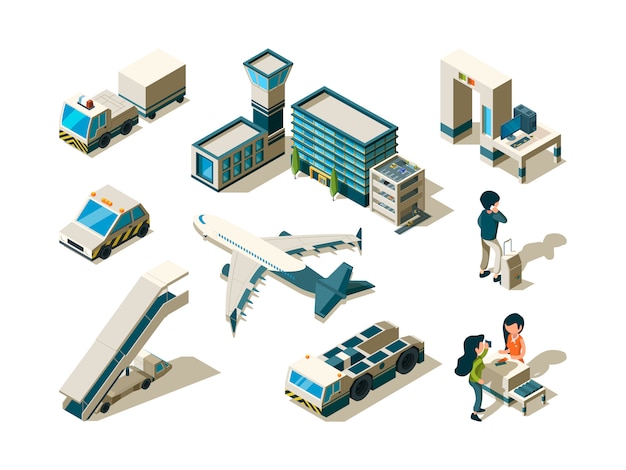 Vector luchthaven isometrisch. controle reizigers controleren passagiers bagageband ingang aankomst service terminal 3d laag poly s