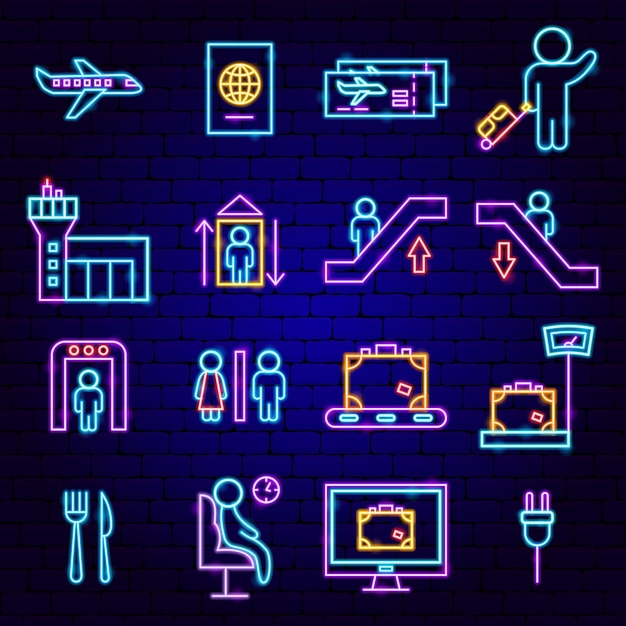 Luchthaven neon pictogrammen