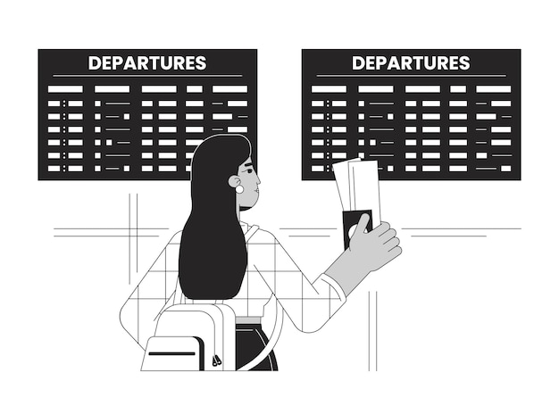 Vector luchthaven vertrek bw vector spot illustratie reizigende luchthaven student vrouwelijke 2d cartoon platte lijn monochromatisch personage voor web ui design meisje met tickets bewerkbare geïsoleerde omtrek held afbeelding