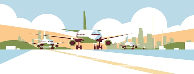 luchthaventerminal met vliegtuigen die vliegtuigen vliegen die internationaal vervoer reizend concept horizontale vectorillustratie opstijgen