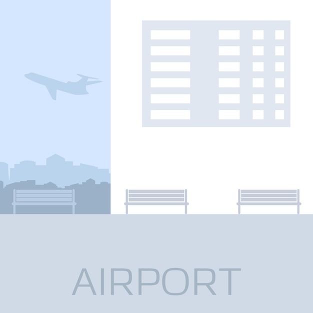 Luchthavenwachtkamer met banken en een scorebord met een raam en een opstijgend vliegtuig