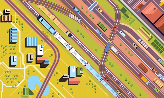 Luchtmening van autoverkeer op wegen of snelweg en treinen