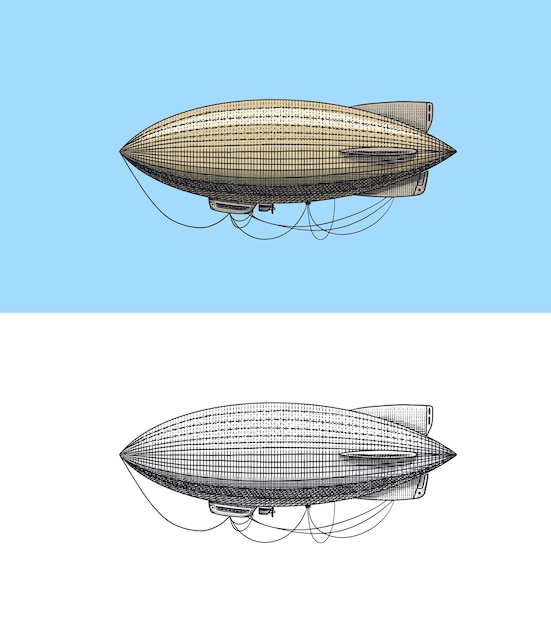 Luchtschip of zeppelin en luchtschip of luchtballon gegraveerd met de hand getekend in oude schets stijl vintage transport