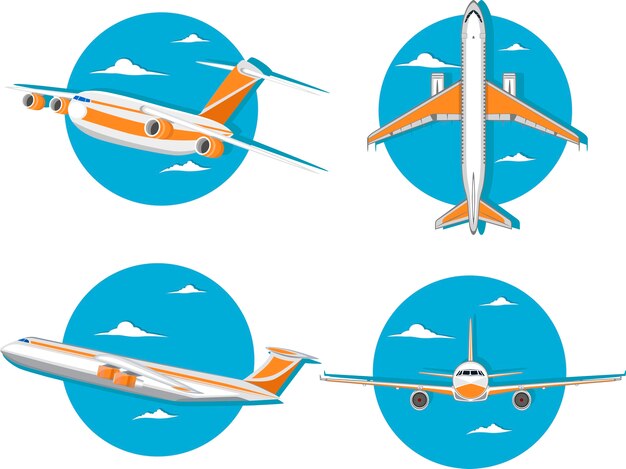 Luchtvaart pictogrammenset met jet-vliegtuig in de lucht.