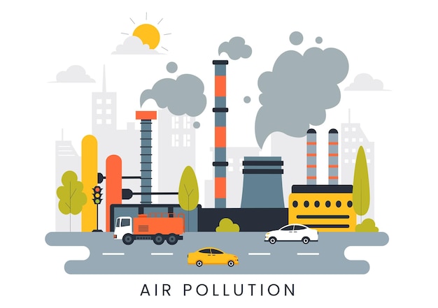 Luchtverontreiniging Illustratie met de concepten van klimaatverandering en opwarming van de aarde Stadswegen bedekt met smog fabrieksrook en industriële