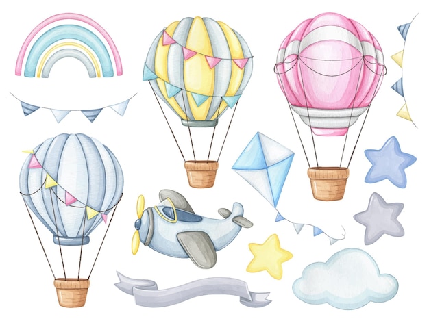 Luchtvervoer en ballonnen aquarel clipart