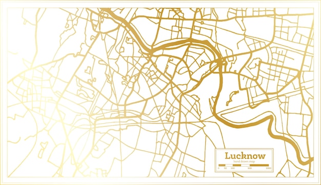 ゴールデン カラー アウトライン マップでレトロなスタイルのラクナウ インド都市マップ