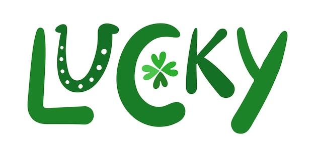 Lucky belettering met klaver en hoefijzer u vectorillustratie