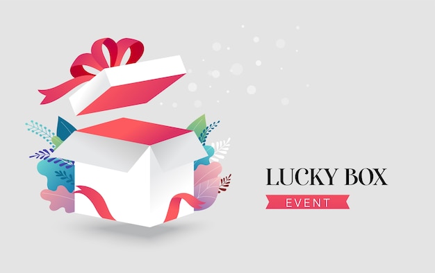 Lucky box, opened white present box with red ribbon. Sale concept design, give away promotion.