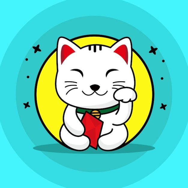 Illustrazione di vettore del fumetto del carattere del gatto fortunato isolata sul vettore premium