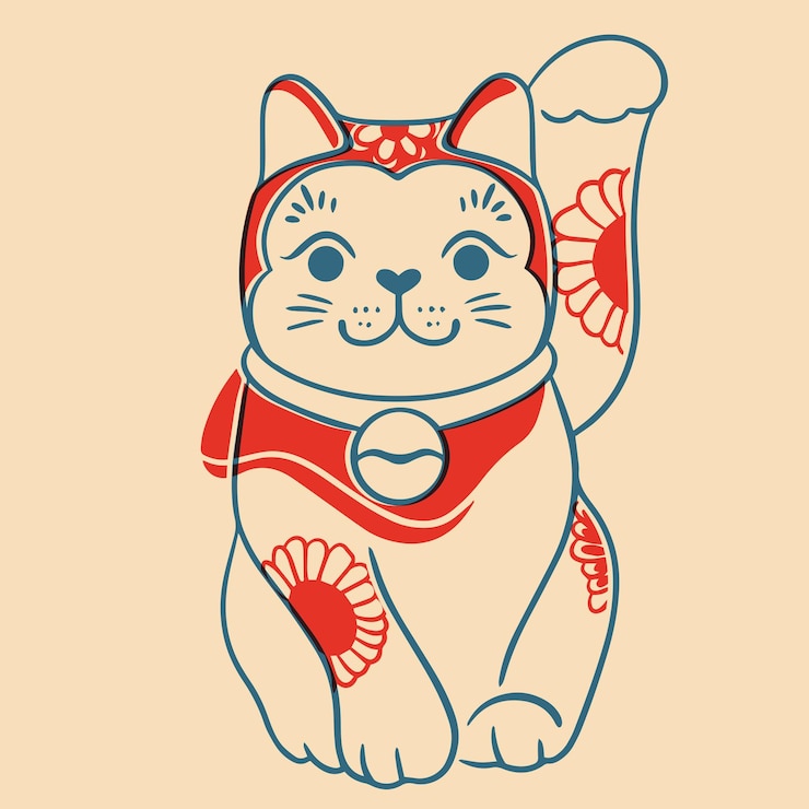 Vector 행운의 고양이 다채로운 귀여운 스크린 인쇄 효과 riso 인쇄 효과 벡터 일러스트 레이션