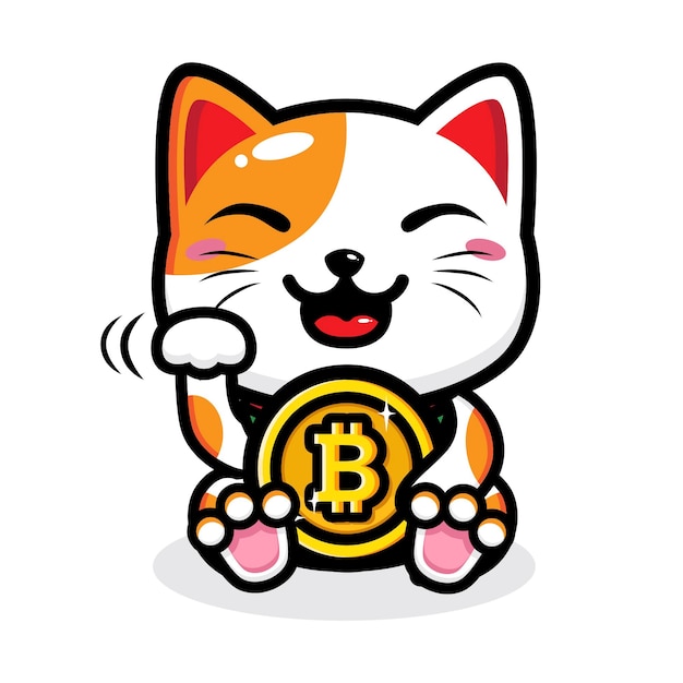 Design gatto fortunato che tiene bitcoin