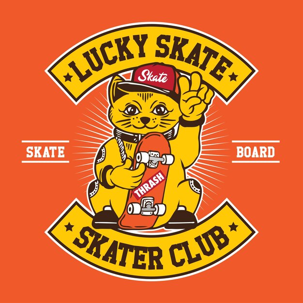 Il personaggio della mascotte del gatto fortunato con l'illustrazione vettoriale del disegno a mano dello skateboard in Patch Design