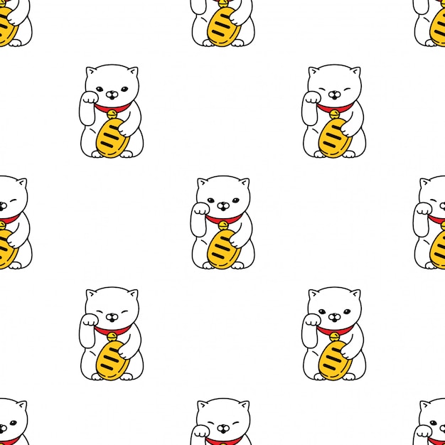 Lucky cat seamless pattern maneki neko kitten