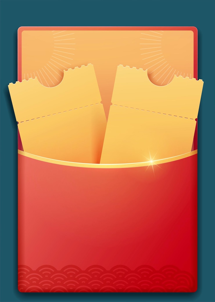 Vector lucky draw ticket in red envelope on turquoise background, copy space for design