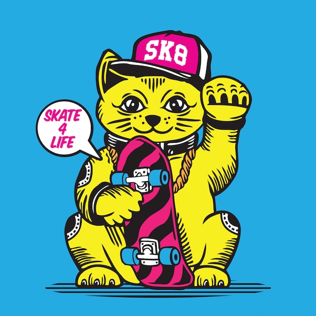 Lucky Fortune Cat Skateboarder