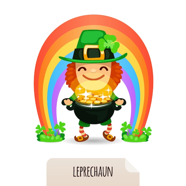 Vector lucky leprechaun with coins in front of a rainbow