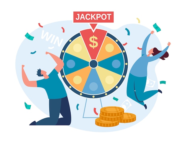 Lucky people spinning fortune wheel and winning jackpot characters win cash prizes lottery winners online gambling vector illustration