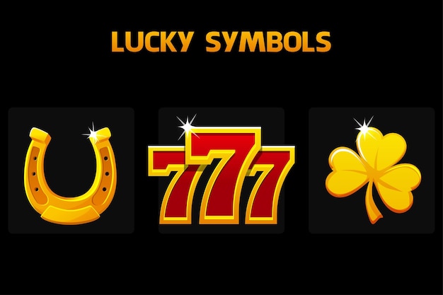 Vector lucky symbols seven clover and horseshoe golden icons for slots and casino game