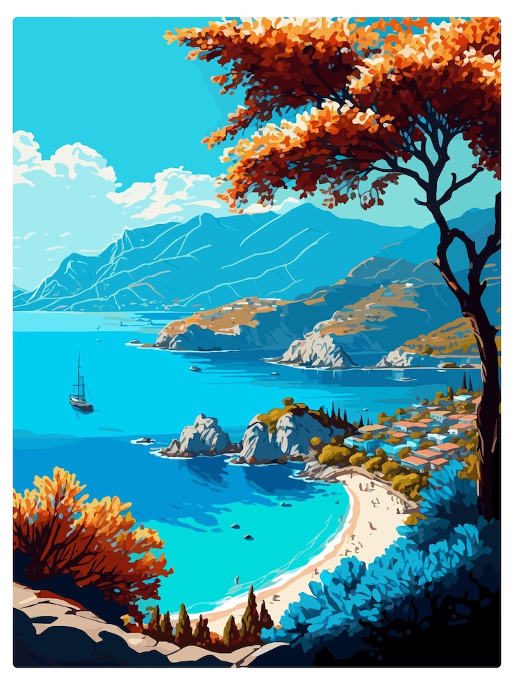 Vector ludeniz turkey vintage travel poster souvenir postcard portrait painting wpa illustration