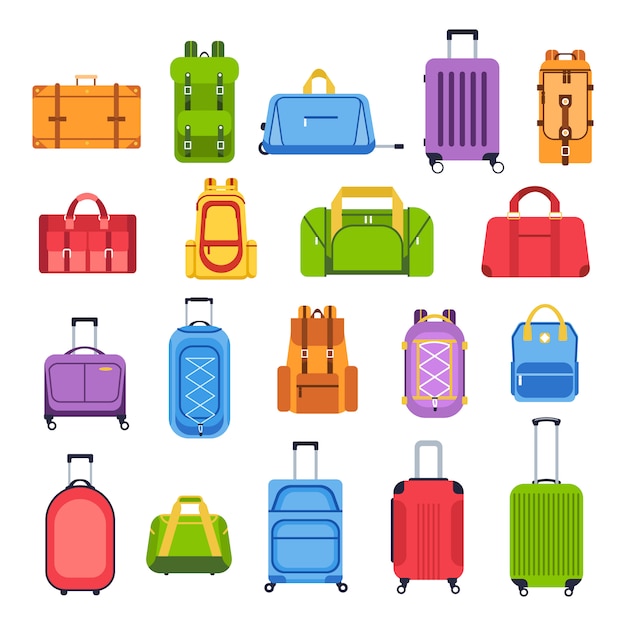 Borse per bagagli. borsa bagaglio per viaggio, turismo e vacanze, valigie da viaggio e set di icone di accessori in pelle. elementi essenziali del viaggio. valigie. illustrazioni dei cartoni animati