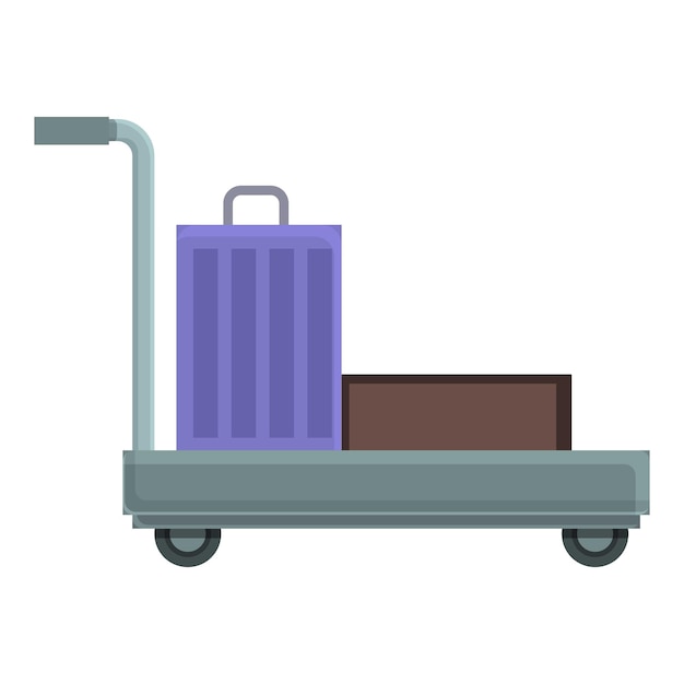 Иконка тележки для багажа, вектор мультфильма. Тележка для путешествий. Чемодан в аэропорту.