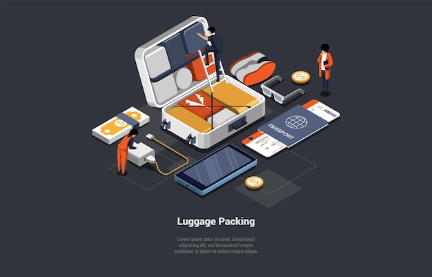 Luggage Pack Concept Male And Female Characters Pack Suitcase To Go On Vacations Or Trip People Pack Clothes Smartphone SunglassesShoes Money Battery Charger Isometric 3D Vector Illustration