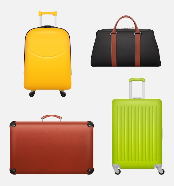 Luggage realistic. travel suitcase collection for business tourists illustrations. suitcase and baggage, vacation travel luggage collection