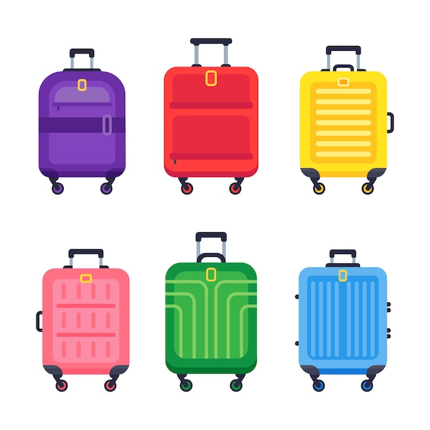 Luggage suitcase. Airport travel baggage colorful plastic suitcases with handle and trolley isolated flat set