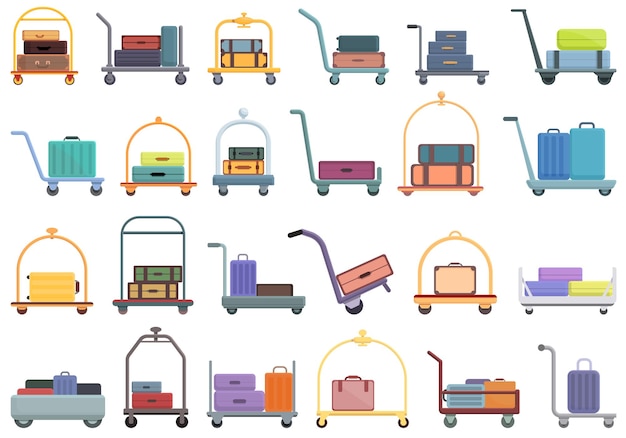 Vector luggage trolley icons set cartoon vector. business bag