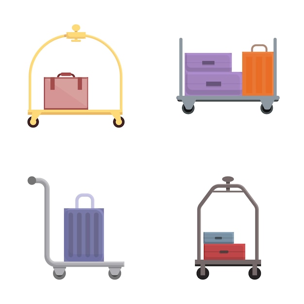 Vector luggage trolley icons set cartoon vector various travel suitcase on cart