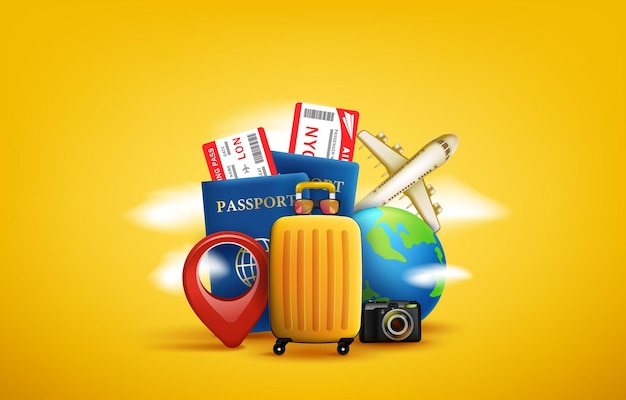 Luggage with globe and plane creative banner with pin and travel ticket pass on a yellow background