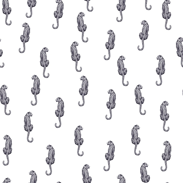 Luipaard leun achterover naadloos patroon Vintage dieren in het wild achtergrond Herhaalde textuur in de hand getekende stijl voor stof inpakpapier behang weefsel Vectorillustratie