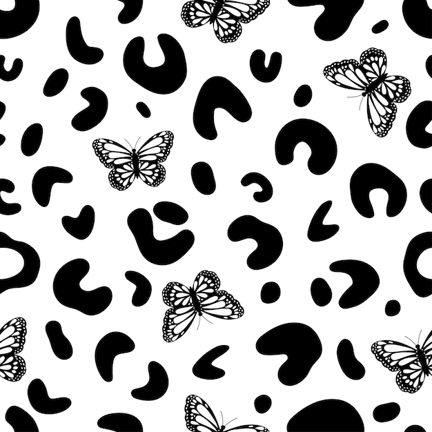 Vector luipaardprint met vlinder kattenpootpatroon met vlinders luipaard vector naadloos patroon