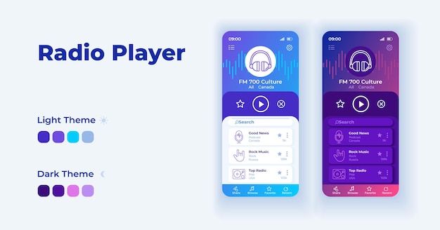 Luister radio op internet cartoon smartphone interface vector sjablonen set. mobiele app schermpagina dag en donkere modus ontwerp. online en offline gebruikersinterface voor toepassing. telefoondisplay met plat karakter